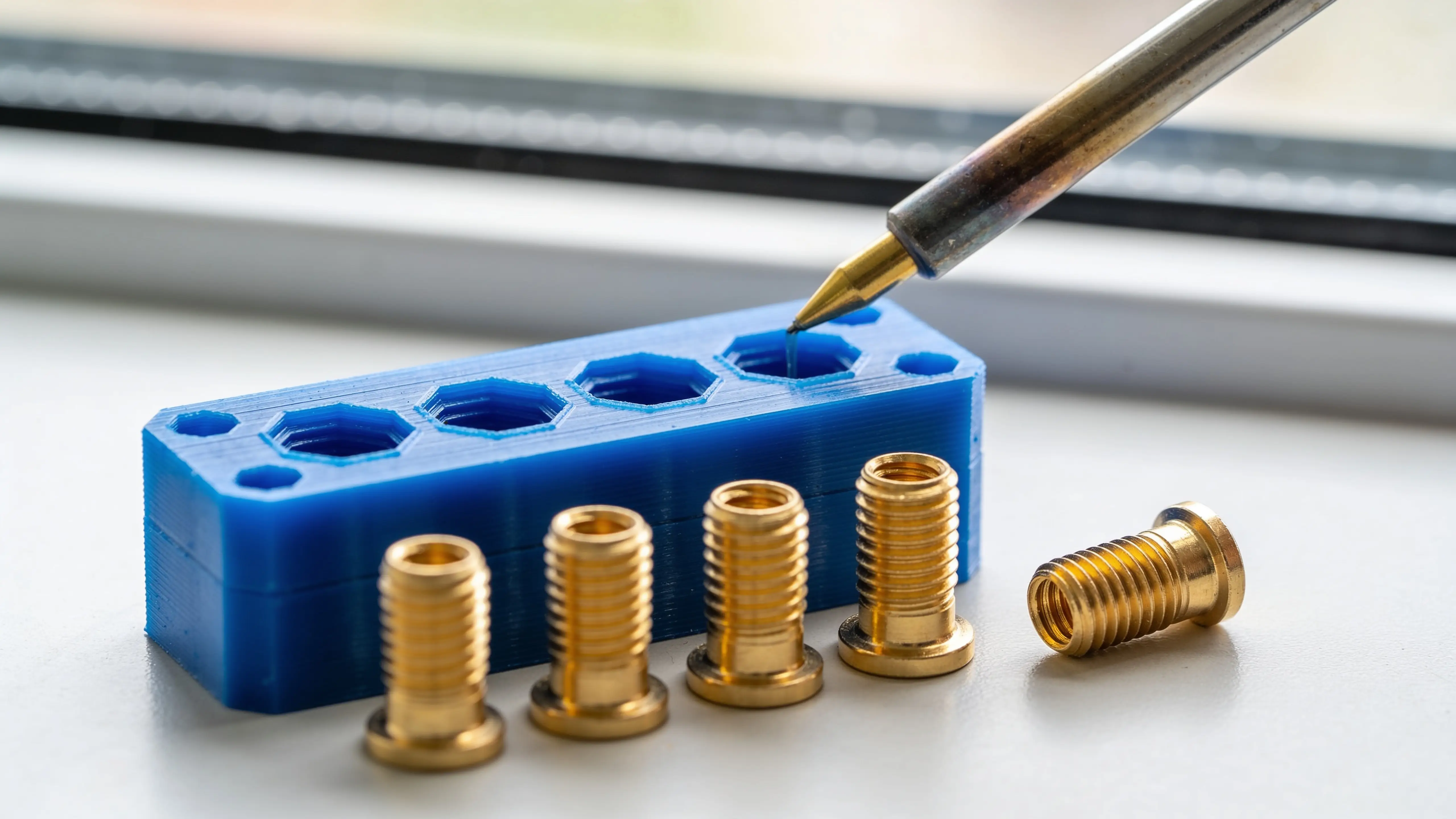 Brass M3, M4, M5, M6 heat-set threaded inserts arranged next to a 3D printed PLA part with hexagonal pockets and a soldering iron ready for installation