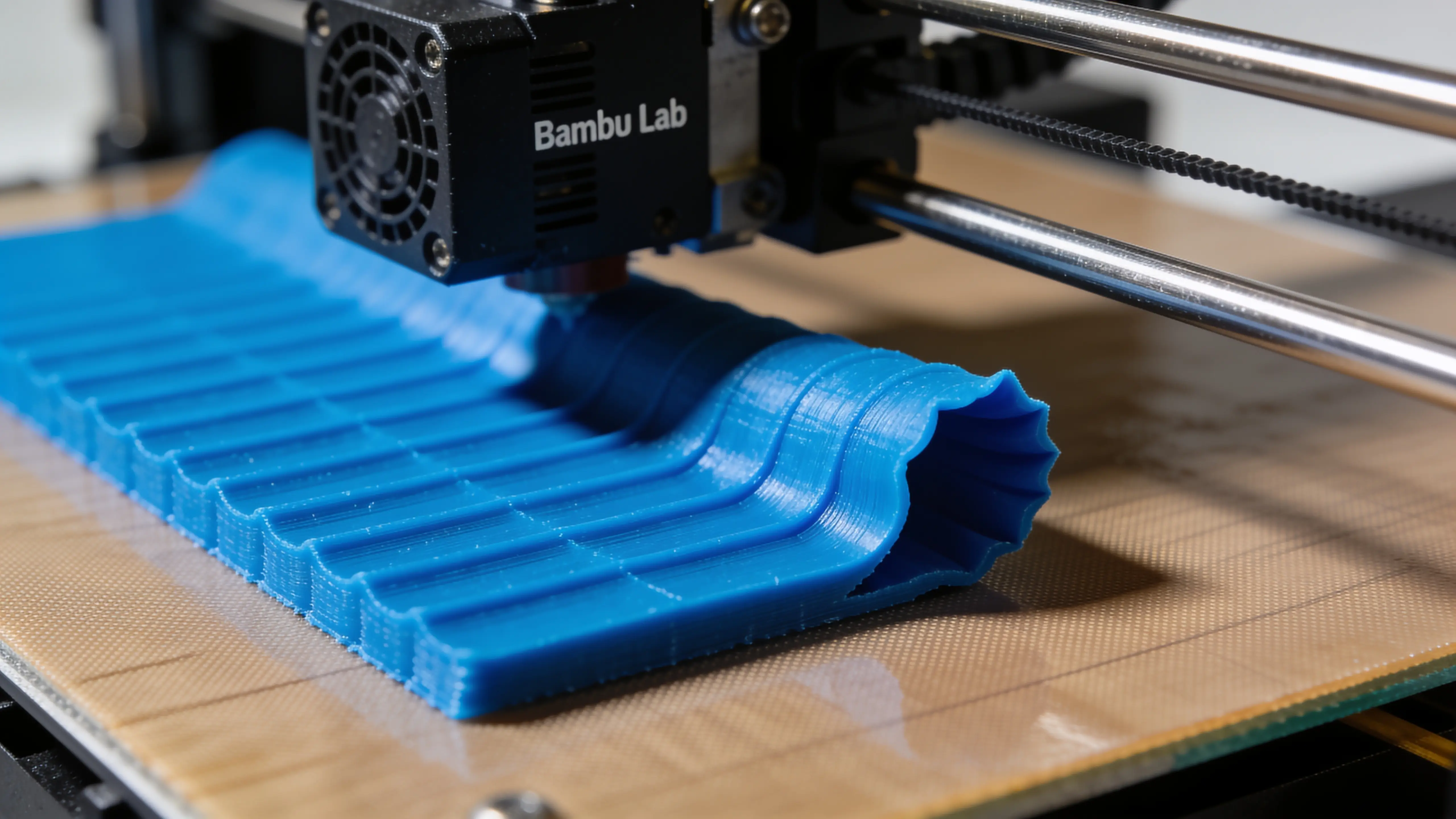 Blue PLA 3D print mid-print with one corner clearly curling up off a textured PEI build plate — classic warping defect