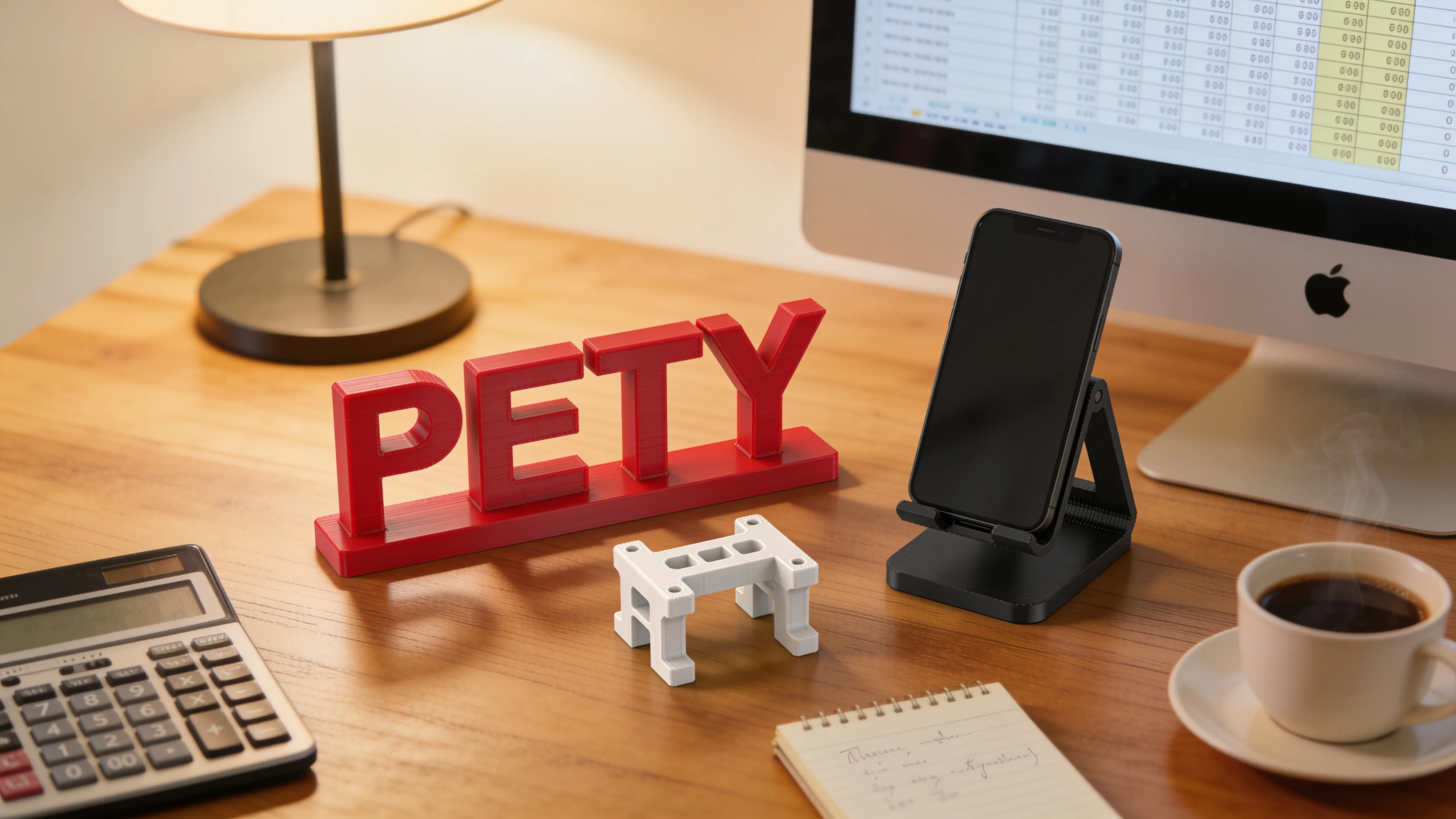 Maker workspace flat lay with 3D printed custom items (name sign, phone stand, bracket), a laptop showing a pricing spreadsheet, calculator, and coffee — quoting custom 3D print jobs